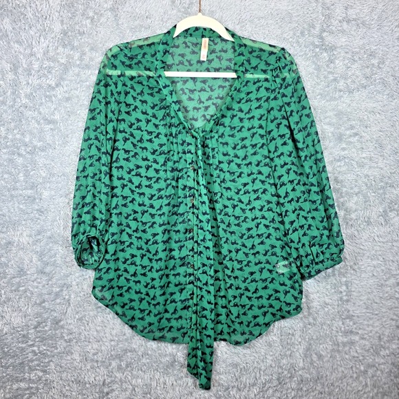 Xhilaration Tops - Sheer Green Navy Horse Print Chiffon V-Neck Tie Top 3/4 Sleeves Xhilaration S